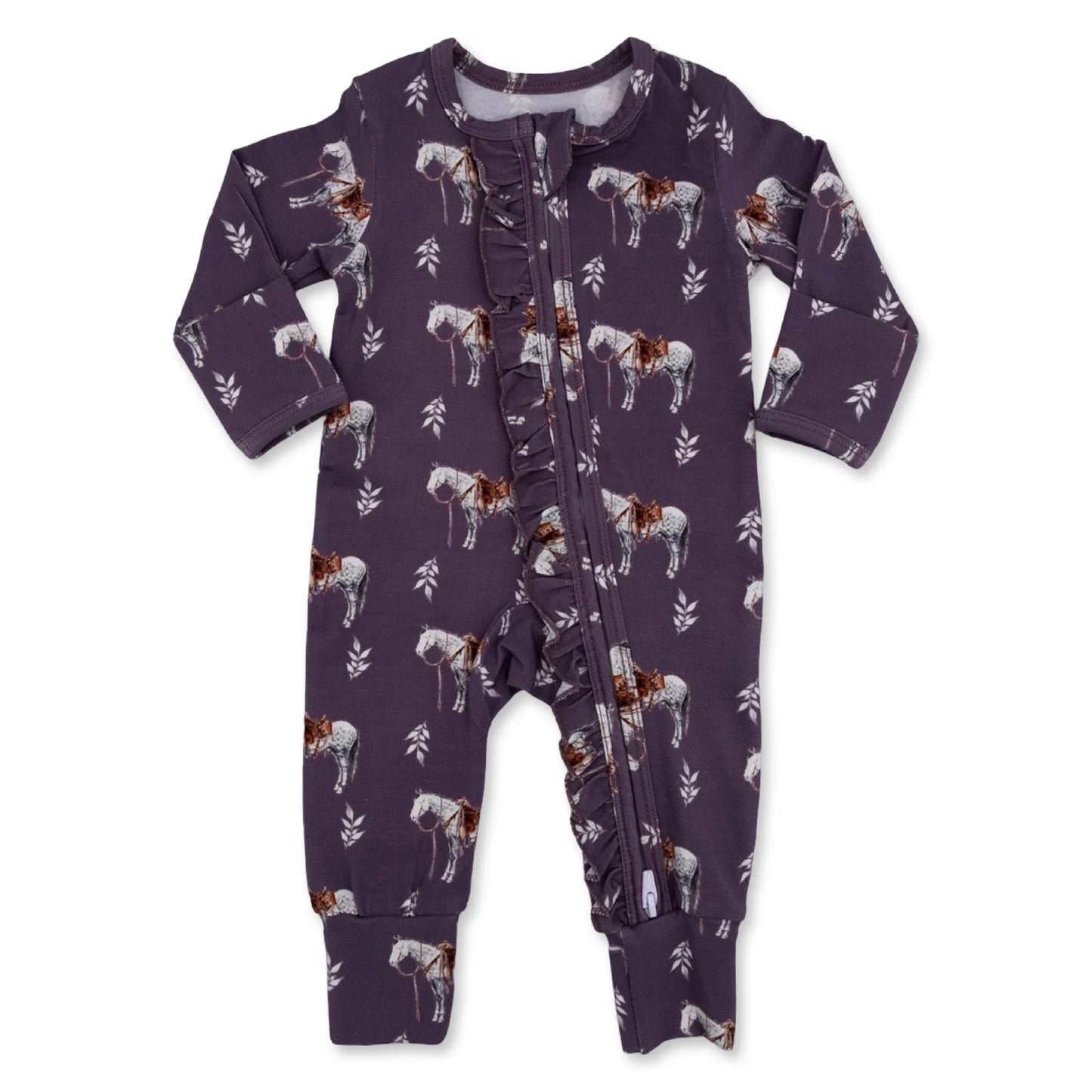 Mauve Ranch Horse Ruffled Folding Feet Jammies