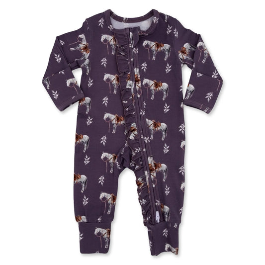 Mauve Ranch Horse Ruffled Folding Feet Jammies