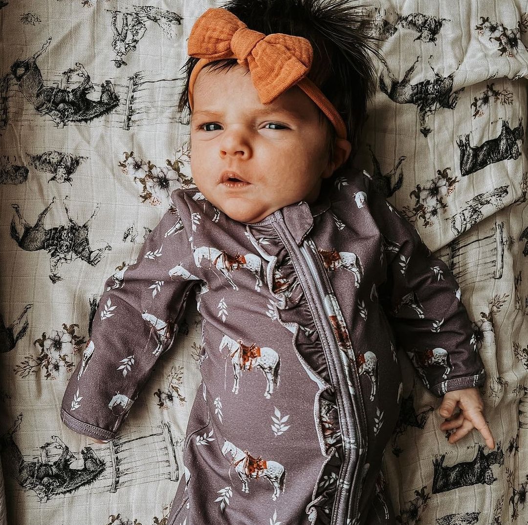 Mauve Ranch Horse Ruffled Folding Feet Jammies