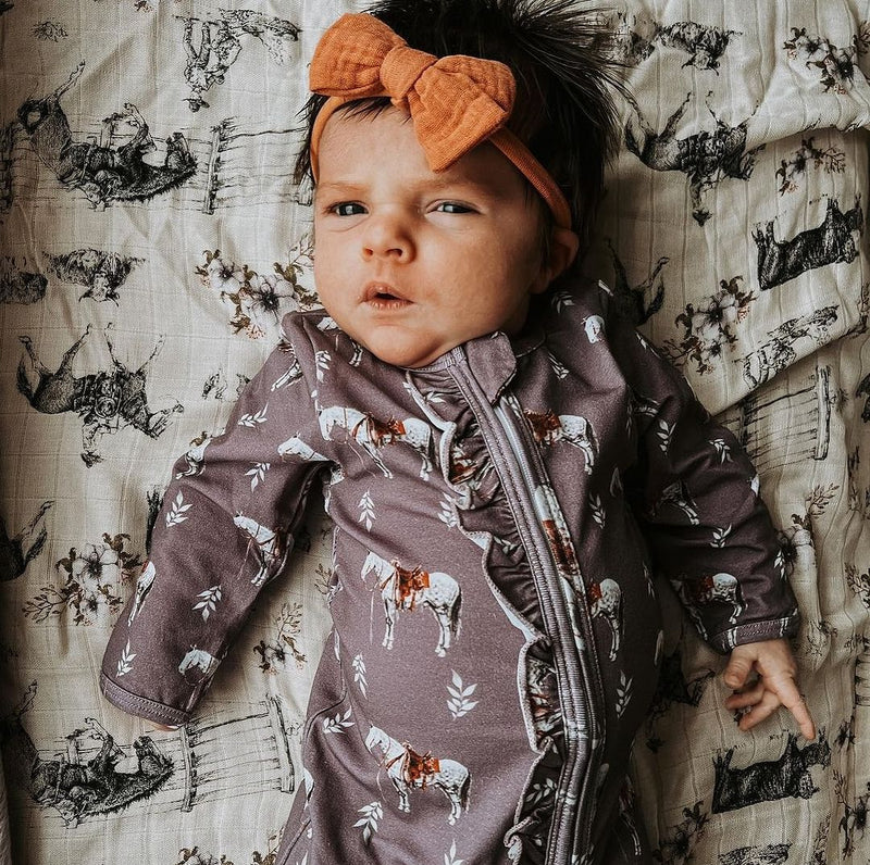 Mauve Ranch Horse Ruffled Folding Feet Jammies
