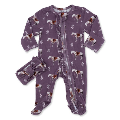 Mauve Ranch Horse Ruffled Folding Feet Jammies