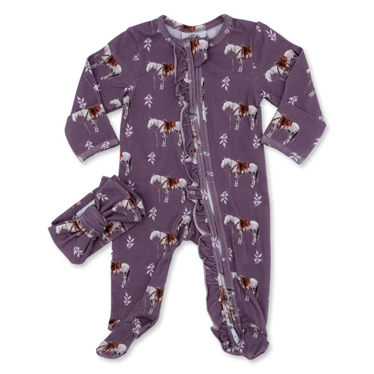 Mauve Ranch Horse Ruffled Folding Feet Jammies
