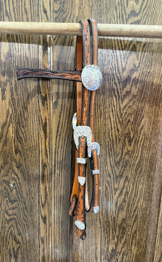 5/8" Dyed Floral Browband w/Sterling Buckles and Conchos