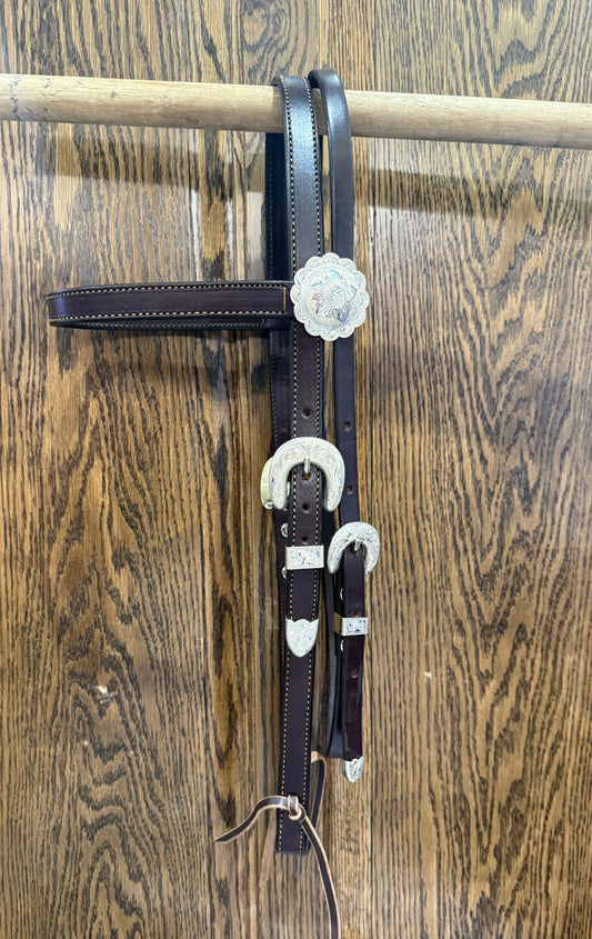 3/4" Dark Brown Browband w/Sterling Buckles and Conchos