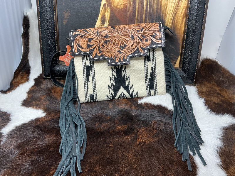 Floral Carved Leather & Blanket Purse
