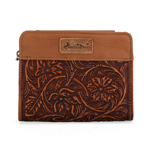Montana West Genuine Leather Tooled Tri-Fold RFID Wallet