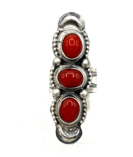 Sterling Silver 3 Stone Red Coral Ring