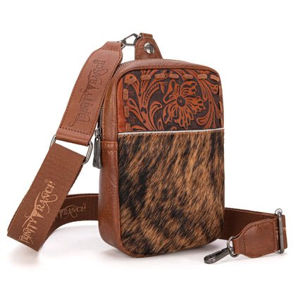 Trinity Ranch Genuine Hair-On Cowhide Tooled Sling Bag