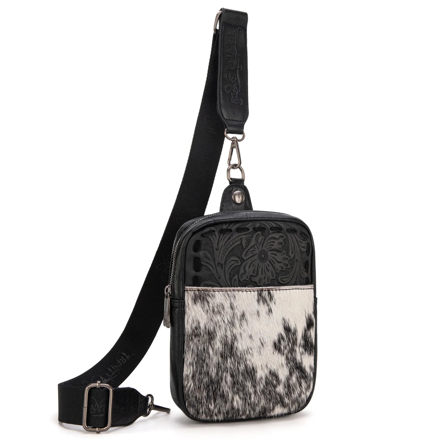 Trinity Ranch Genuine Hair-On Cowhide Tooled Sling Bag