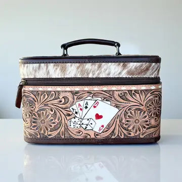 Floral Carved Jewelry Case w/Cowhide & Card Suits