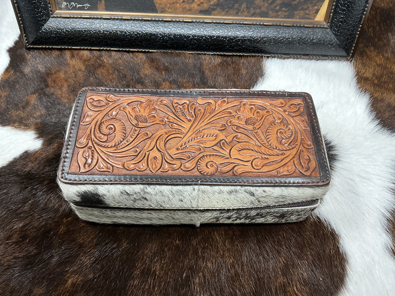 Jewelry Case-Rectangle Cowhide w/leather tooled top
