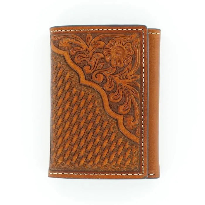 Tri-Fold Basket Stamped Wallet w/Floral Carving