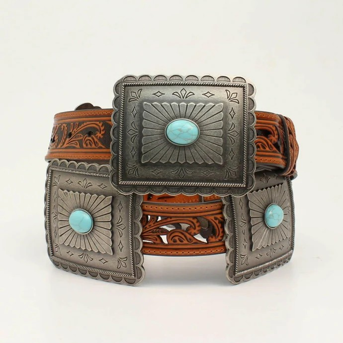 Square Conchos on Floral Carved Belt