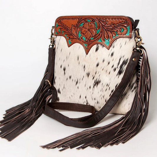 Floral Carved Leather & Cowhide Fringed Purse