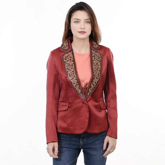 Red Blazer with Leather Tooled Collar