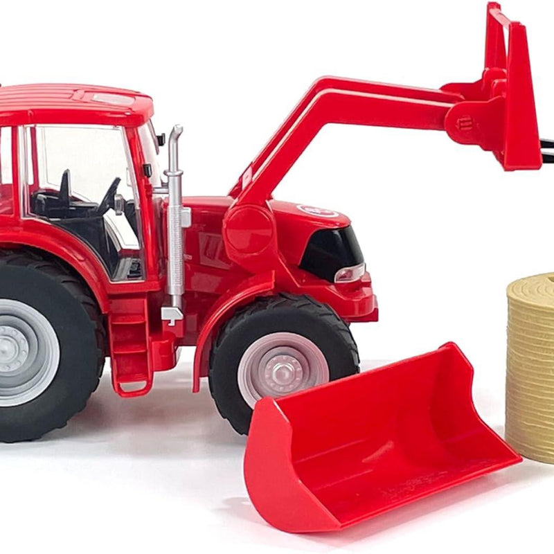 Red Tractor with Hay Bale and Bucket Attachment