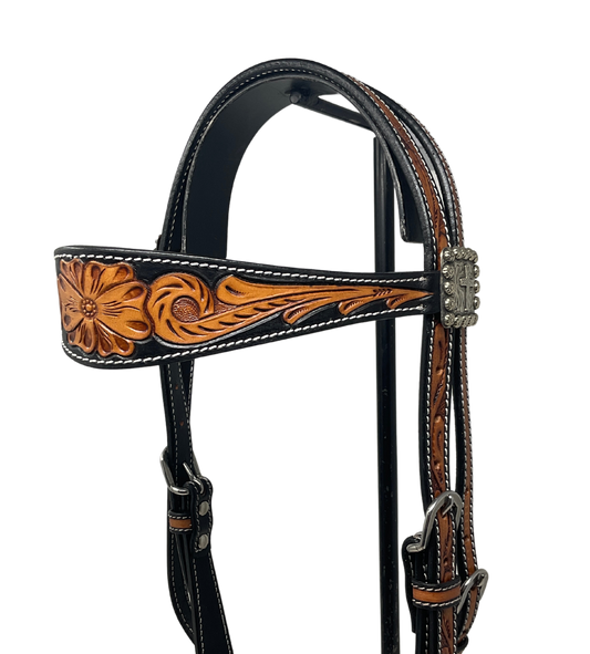 Dyed Floral Wide Brow Browband w/Cross Conchos