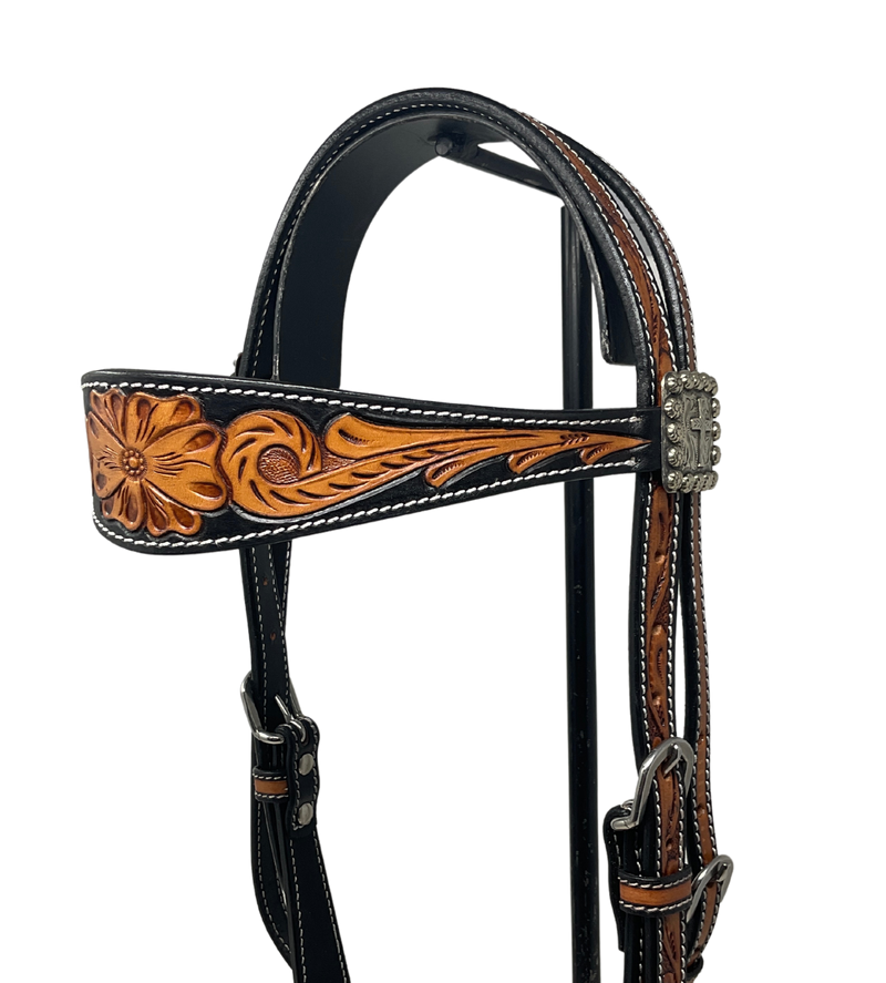Dyed Floral Wide Brow Browband w/Cross Conchos