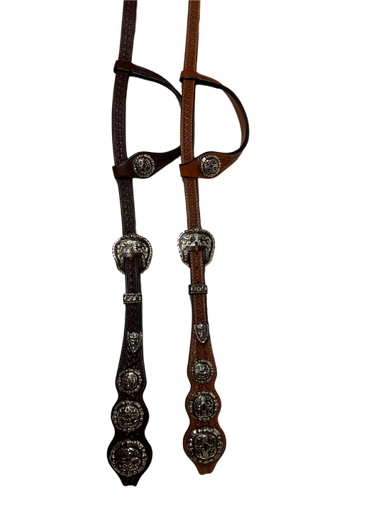 Single Ear Basket Stamped Rust Clovis Buckles w/3 Conchos