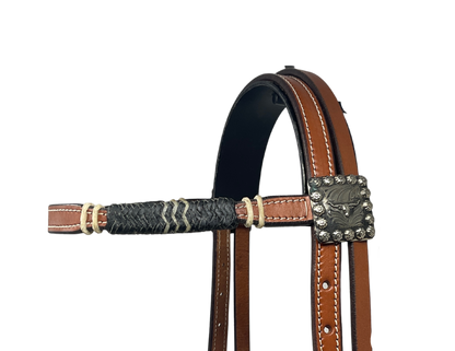 Browband w/Black Rawhide & Longhorn Conchos
