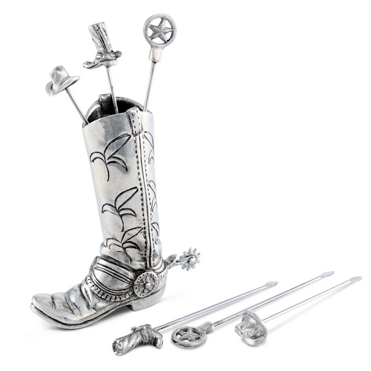 Pewter Western Cowboy Boot Cocktail Stainless Steel Pick Set