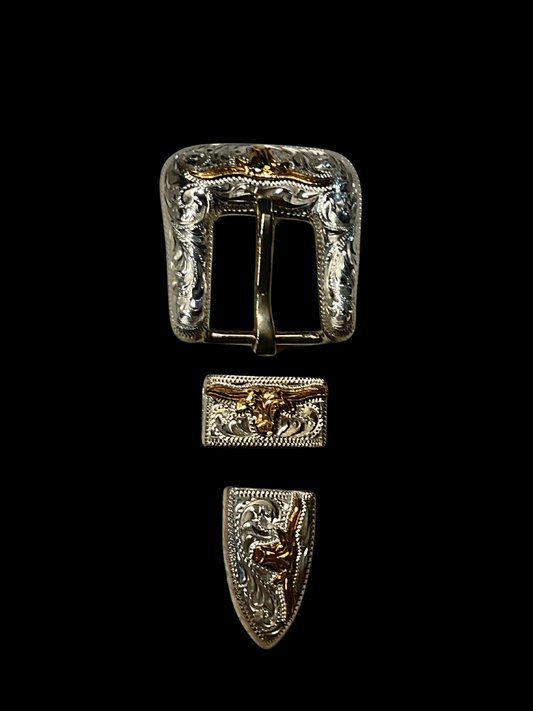 Sterling Silver w/Gold Longhorn 3/4" Belt Buckle Set