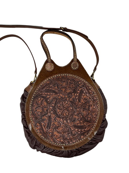 Floral Carved Leather w/Cowhide Canteen Purse