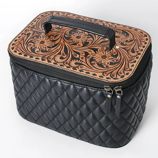 Quilted Leather w/Floral Carving Jewelry Case