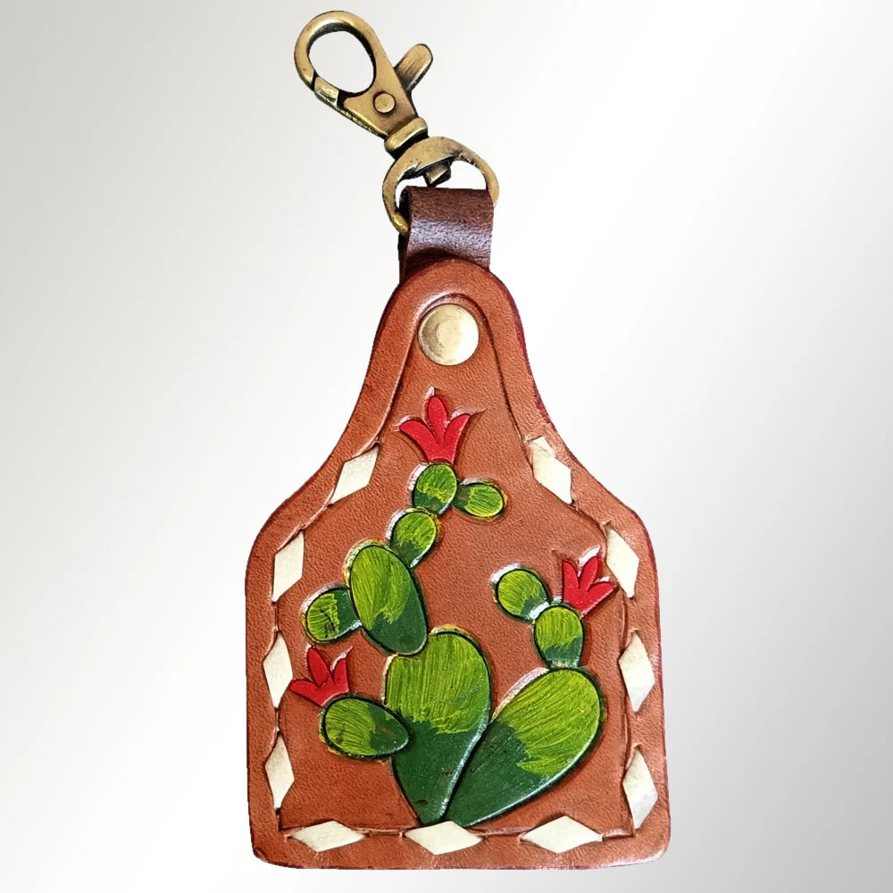 Cow Tag w/Cactus & Buck Stitching Keychain