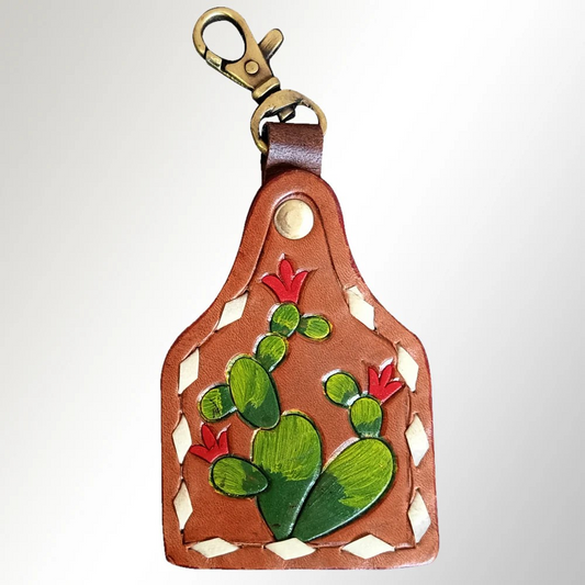 Cow Tag w/Cactus & Buck Stitching Keychain