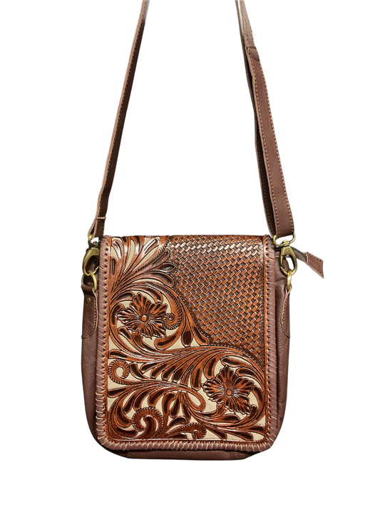 Dark Leather Purse w/Floral Filigree & Gray Background