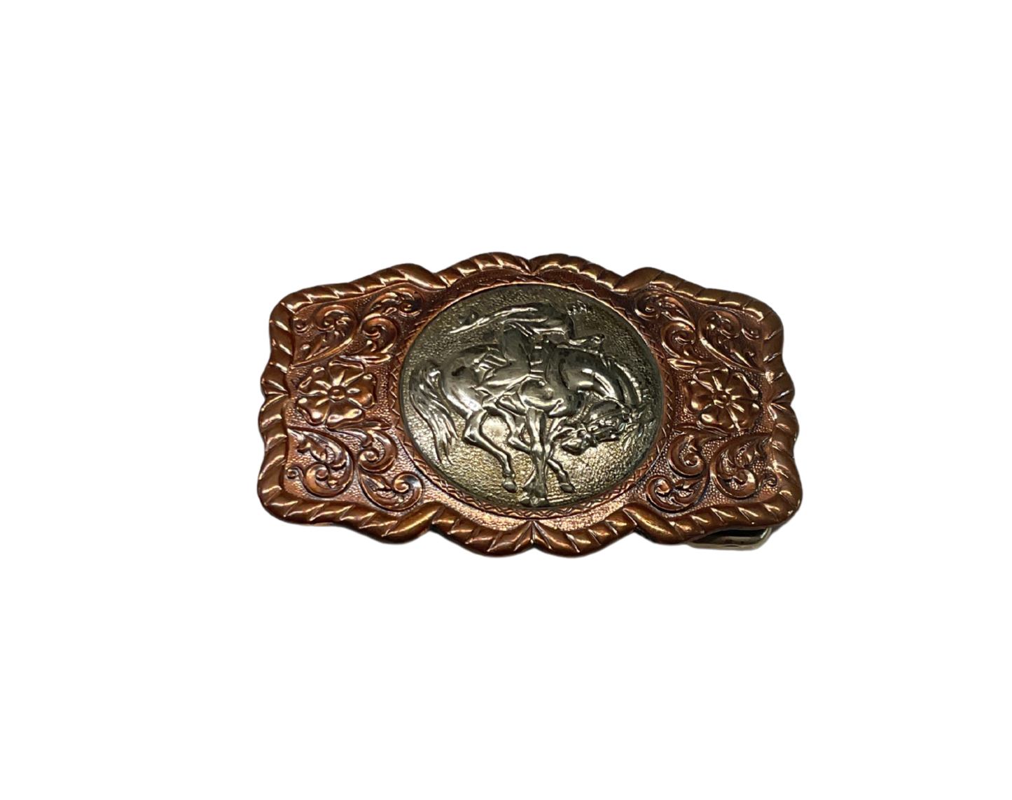 Vintage Copper Floral Engraved Bronc Rider Buckle