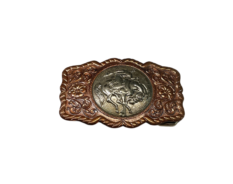 Vintage Copper Floral Engraved Bronc Rider Buckle