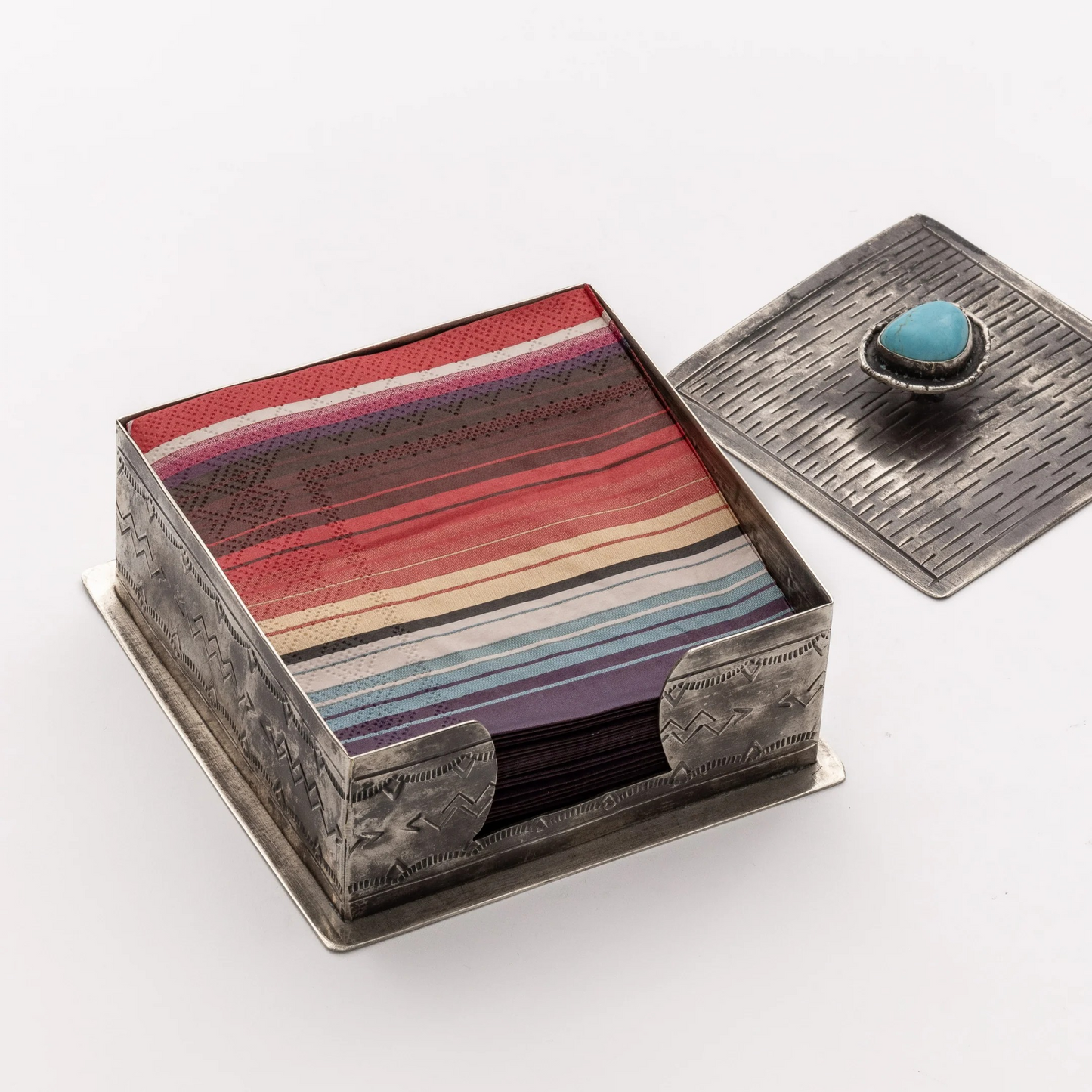 Rustic Silver Cocktail Napkin Holder w/Turquoise