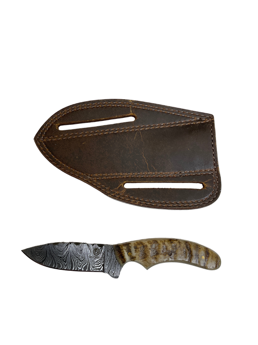 Fixed Damascus Blade Ram Horn Handle Knife