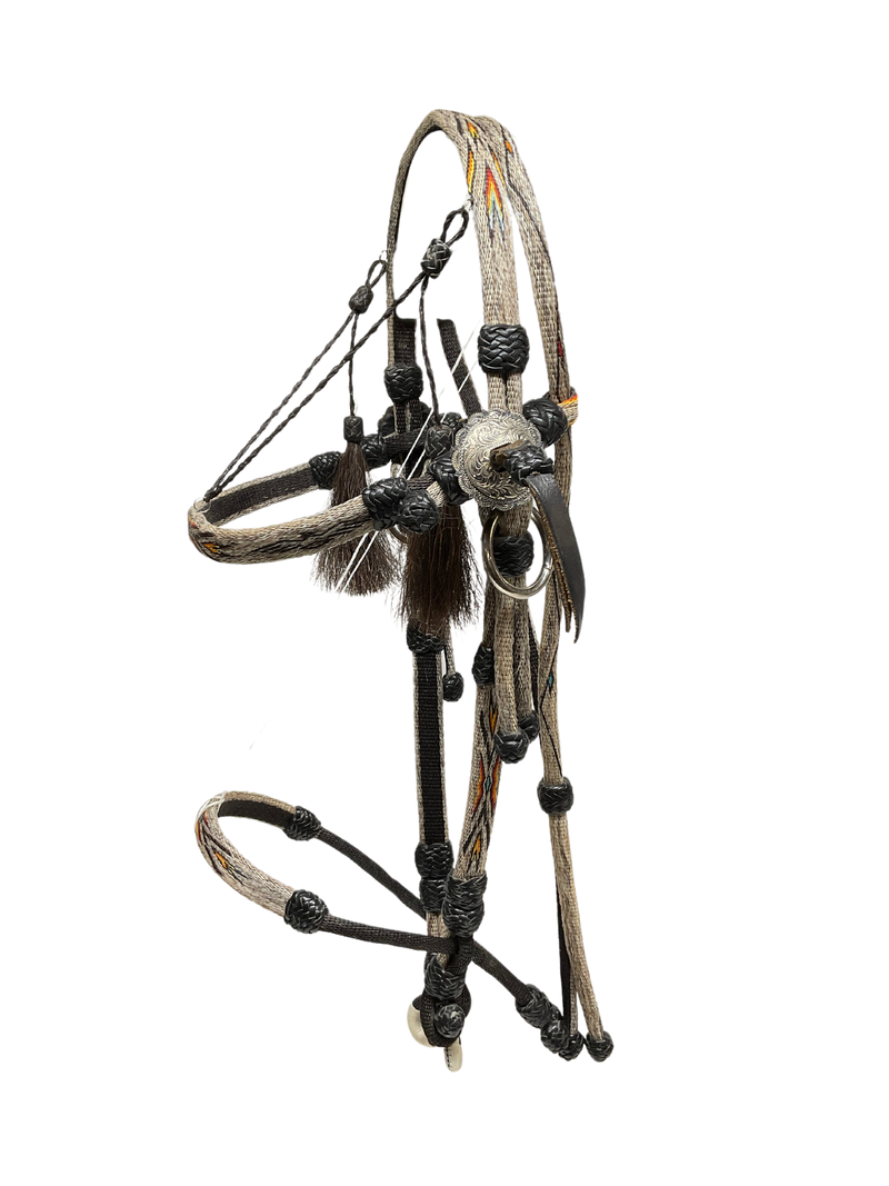Hitched Horsehair Headstall w/Roping Reins & Leather Buttons