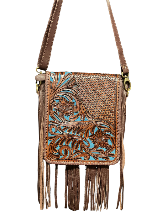 Dark Leather Purse w/Floral Filigree & Blue Background