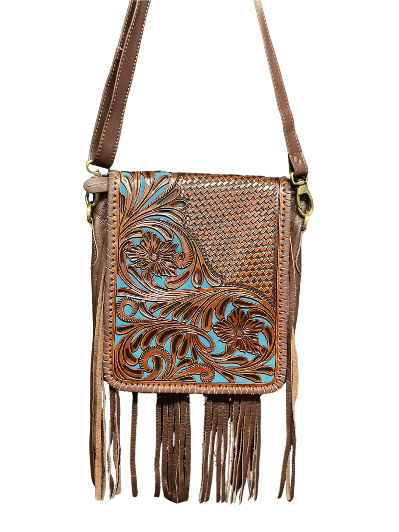 Dark Leather Purse w/Floral Filigree & Blue Background