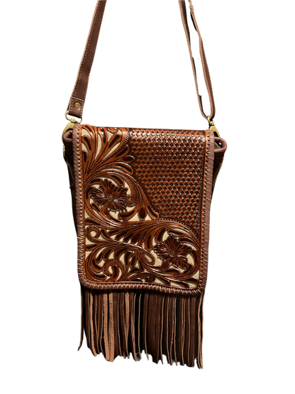 Dark Leather Purse w/Floral Filigree & Gray Background