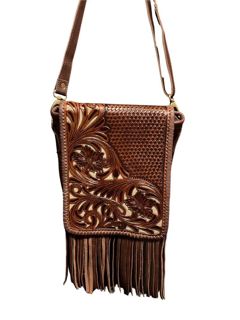Dark Leather Purse w/Floral Filigree & Gray Background
