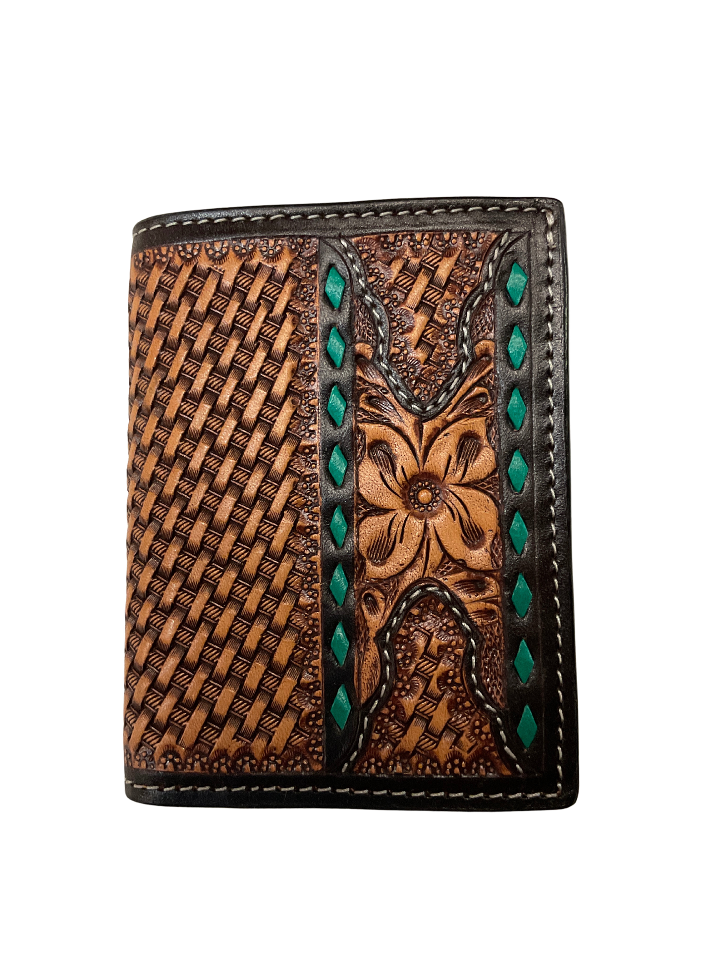 Trifold Basket Stamp Wallet w/Floral & Buck Stitching