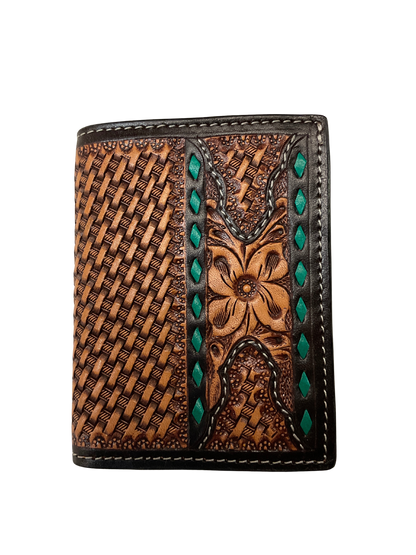 Trifold Basket Stamp Wallet w/Floral & Buck Stitching