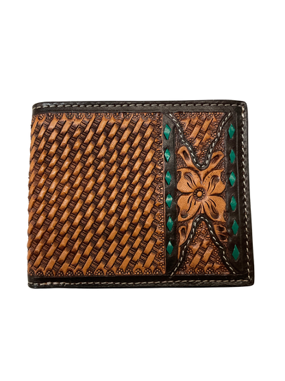 Bifold Basket Stamped Wallet w/Floral & Buck Stitching