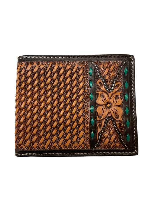 Bifold Basket Stamped Wallet w/Floral & Buck Stitching