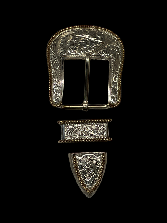 Sterling Silver w/Gold Rope Edge 1" Belt Buckle Set