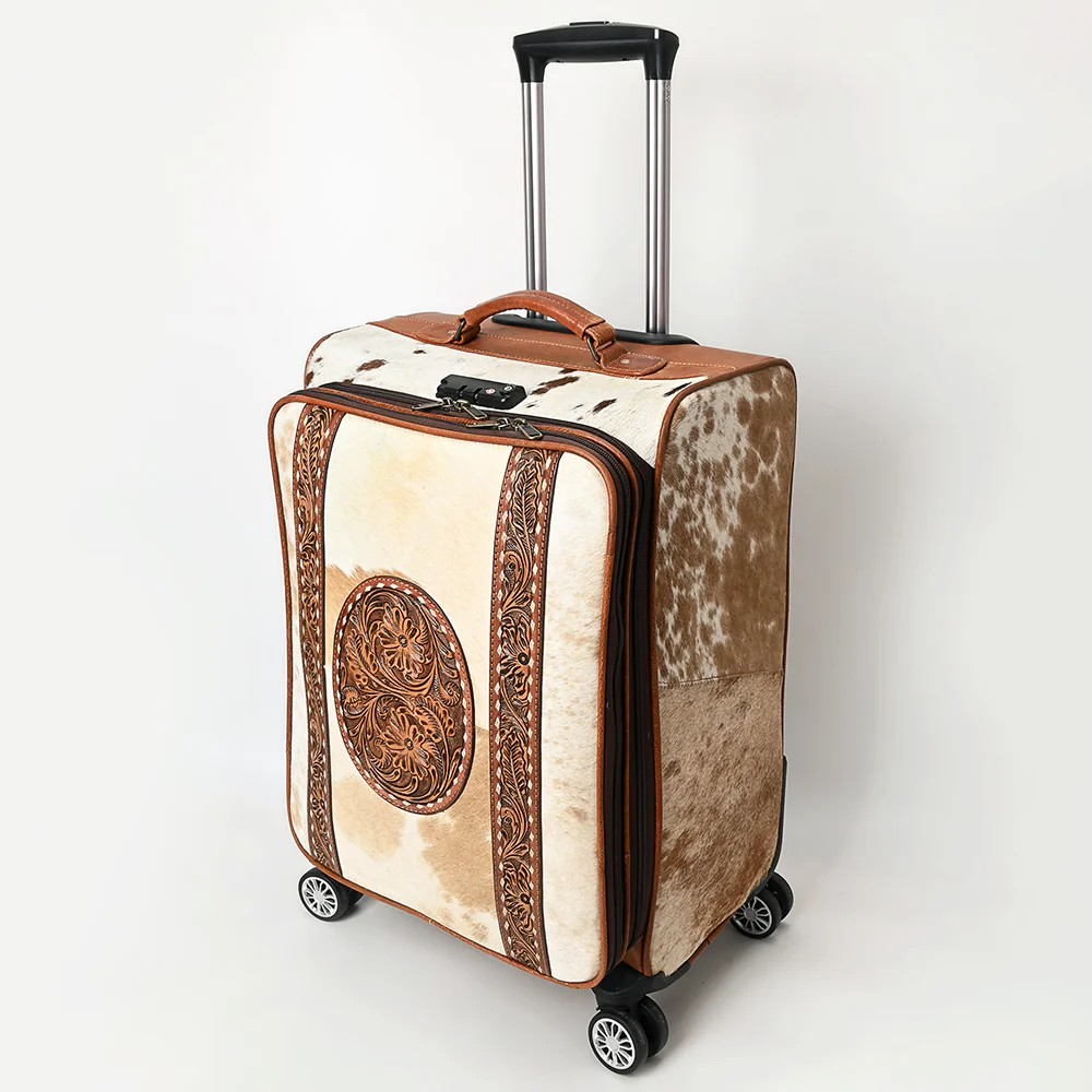 Wheeled Luggage w/Cowhide & Floral Carving