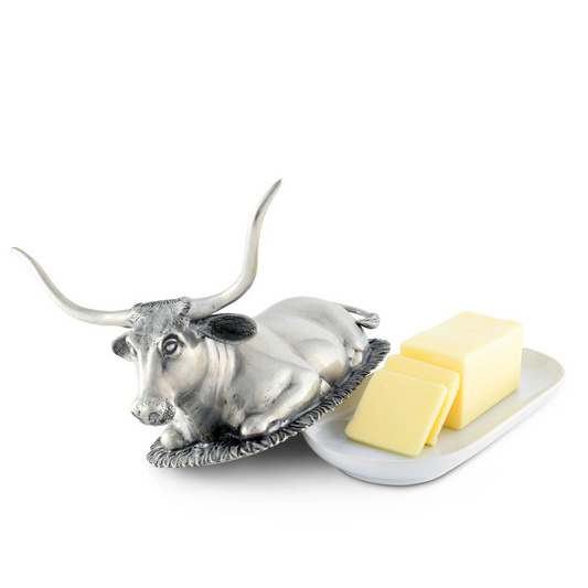 Covered Butter Dish with Pewter Longhorn Steer