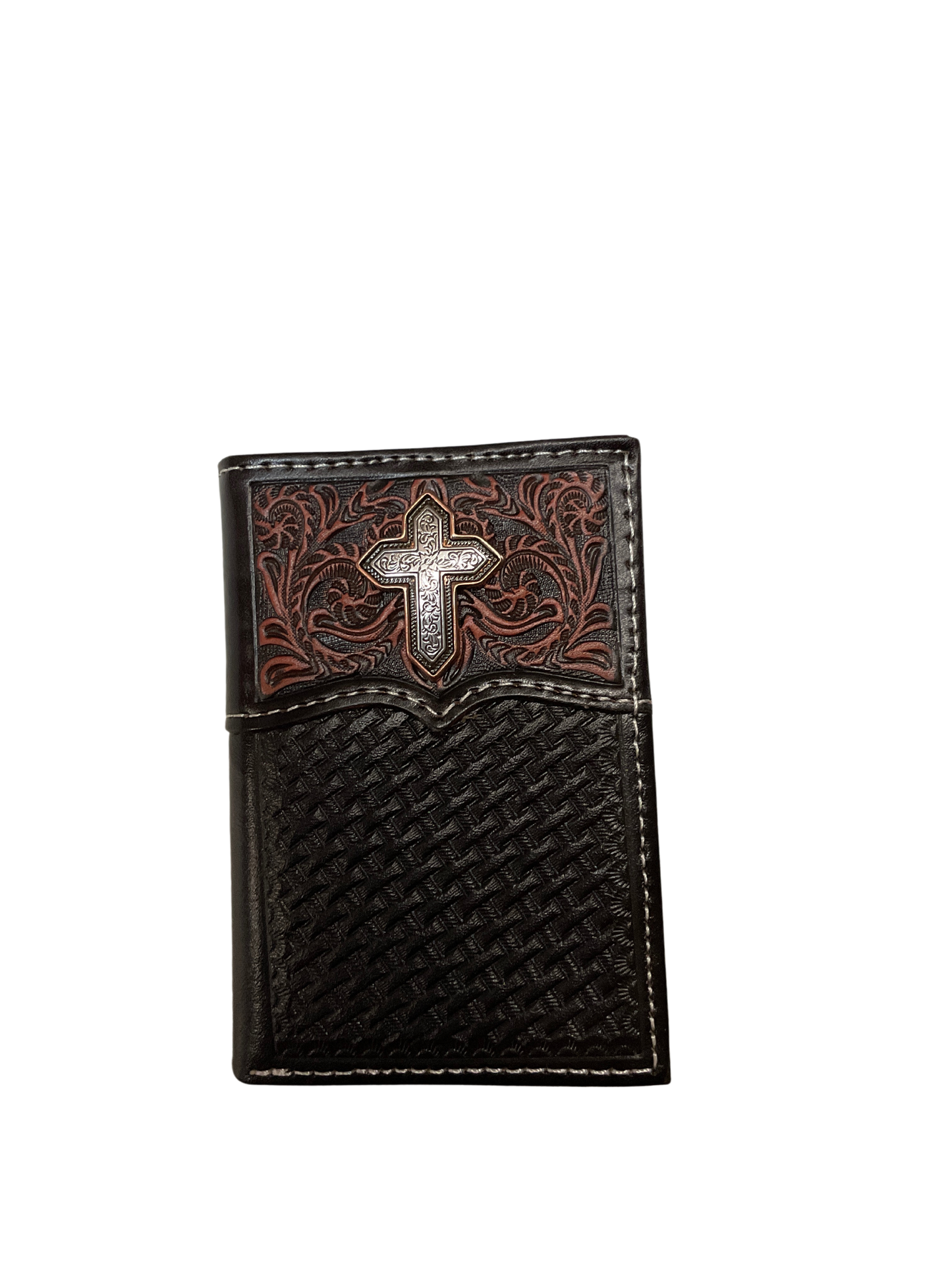 Trifold Dark Basket Stamped Wallet w/Cross Filigree