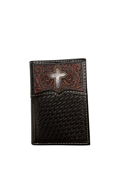 Trifold Dark Basket Stamped Wallet w/Cross Filigree