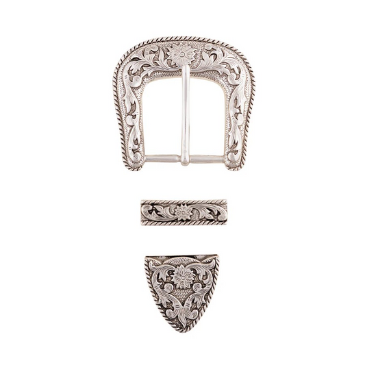 Western Antiqued Floral Buckle, Loop & Tip Set